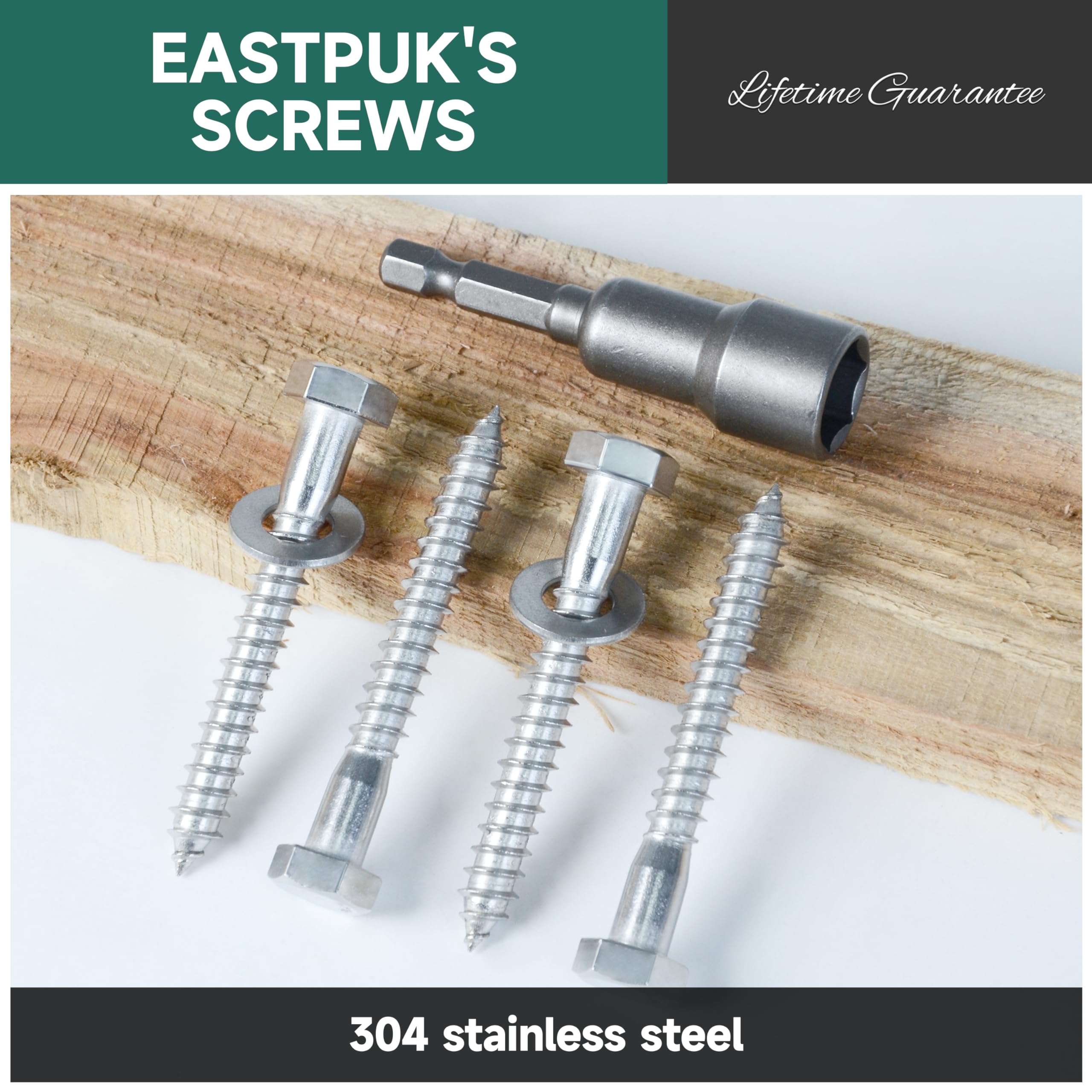 Stainless Steel Lag Screws - 8 Pack, 3/8" x 4" -6