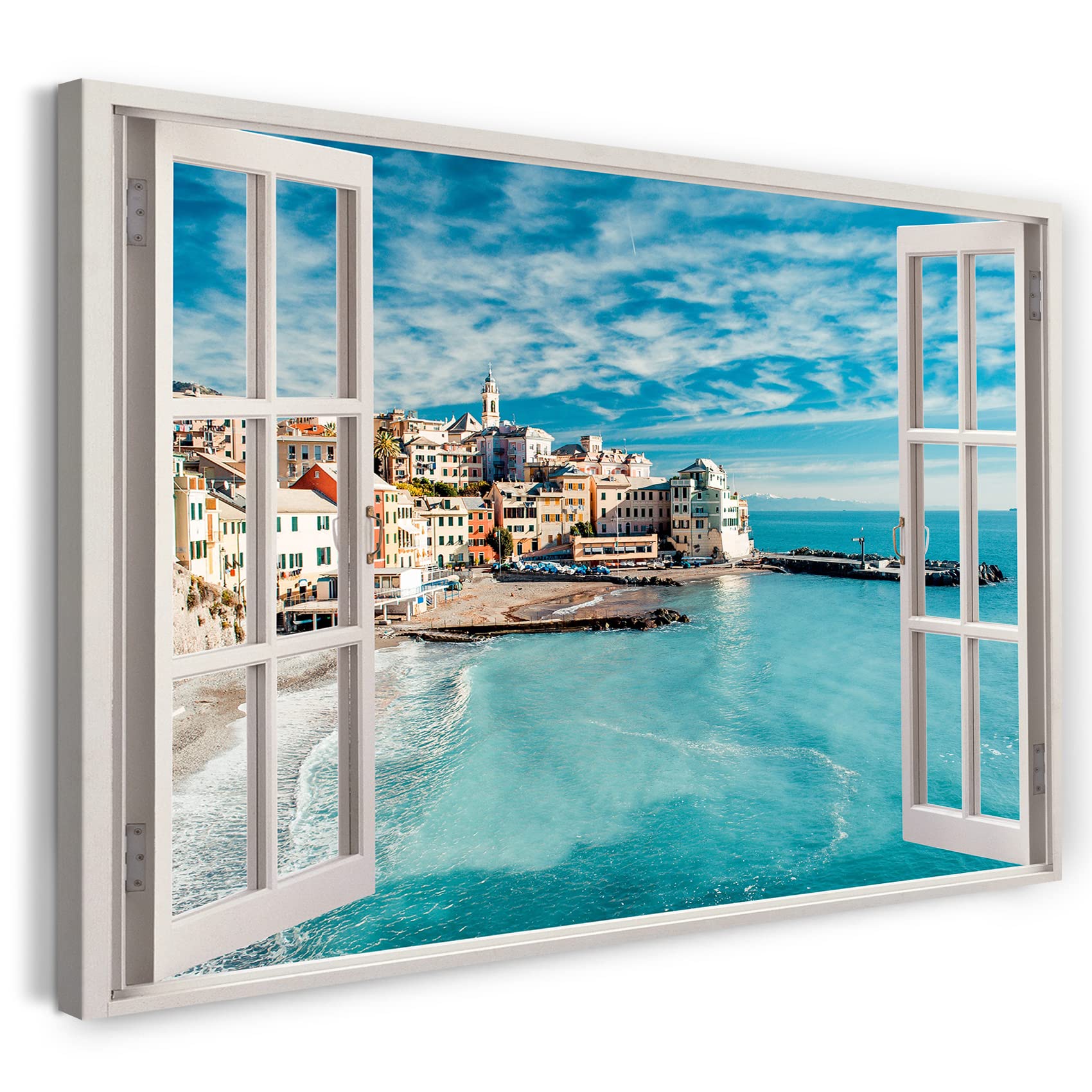Print on Canvas (100x70 cm) view from the window - city by the sea Italy blue holidays - nature photography, real wood frame with hook