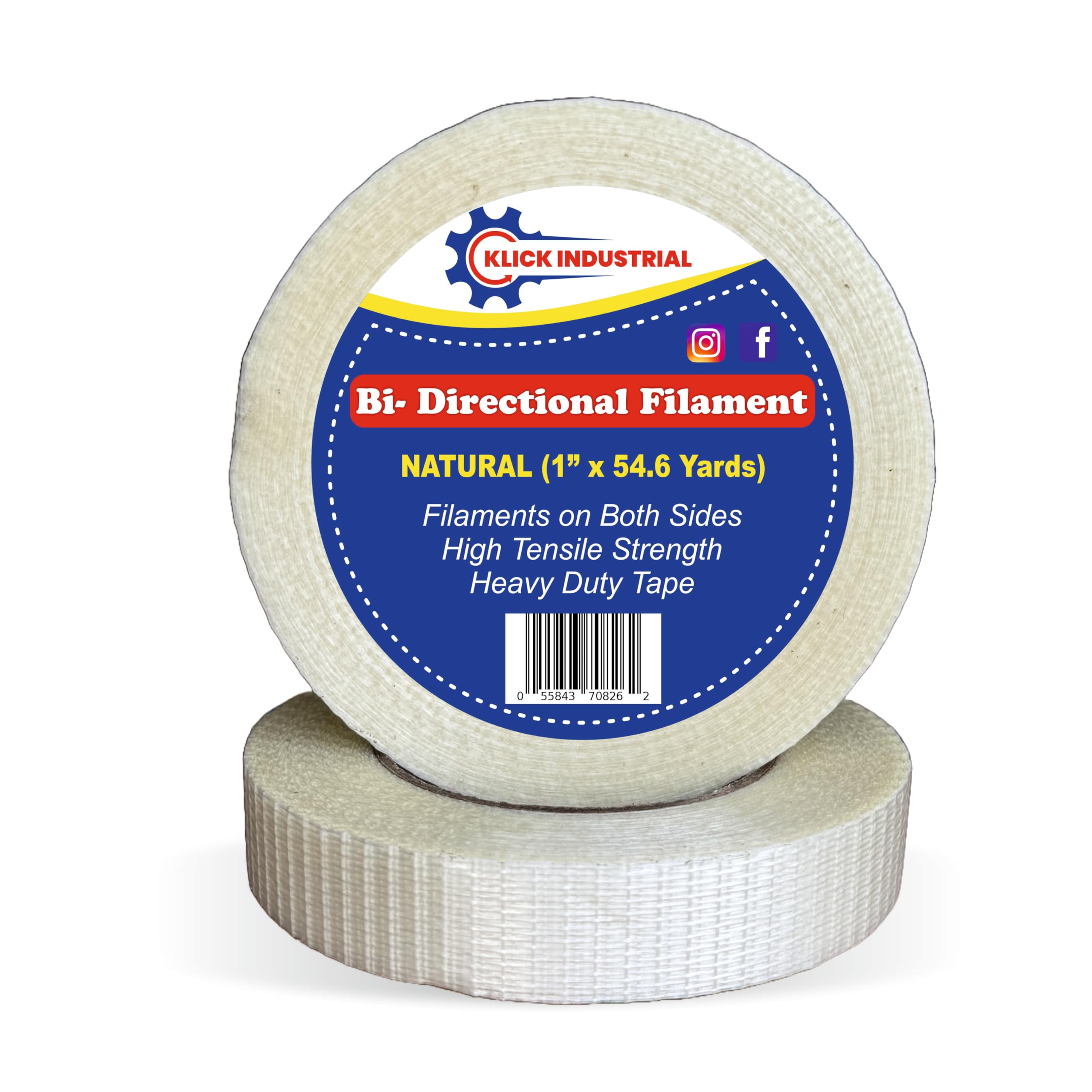 Klick Industrial Bi-Directional Filament Tape,Fiberglass Reinforced Filament Strapping Tape, for Heavy Duty Packing, Steel Bundling, Wrapping, Palletizing (1