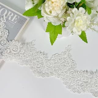2yard Embroidered Lace Trim with Sequins and Beads,Floral Lace Appliqué Ribbon for Wedding Dresses, Gowns, Headpieces, DIY Sewing Crafts (Pattern C)
