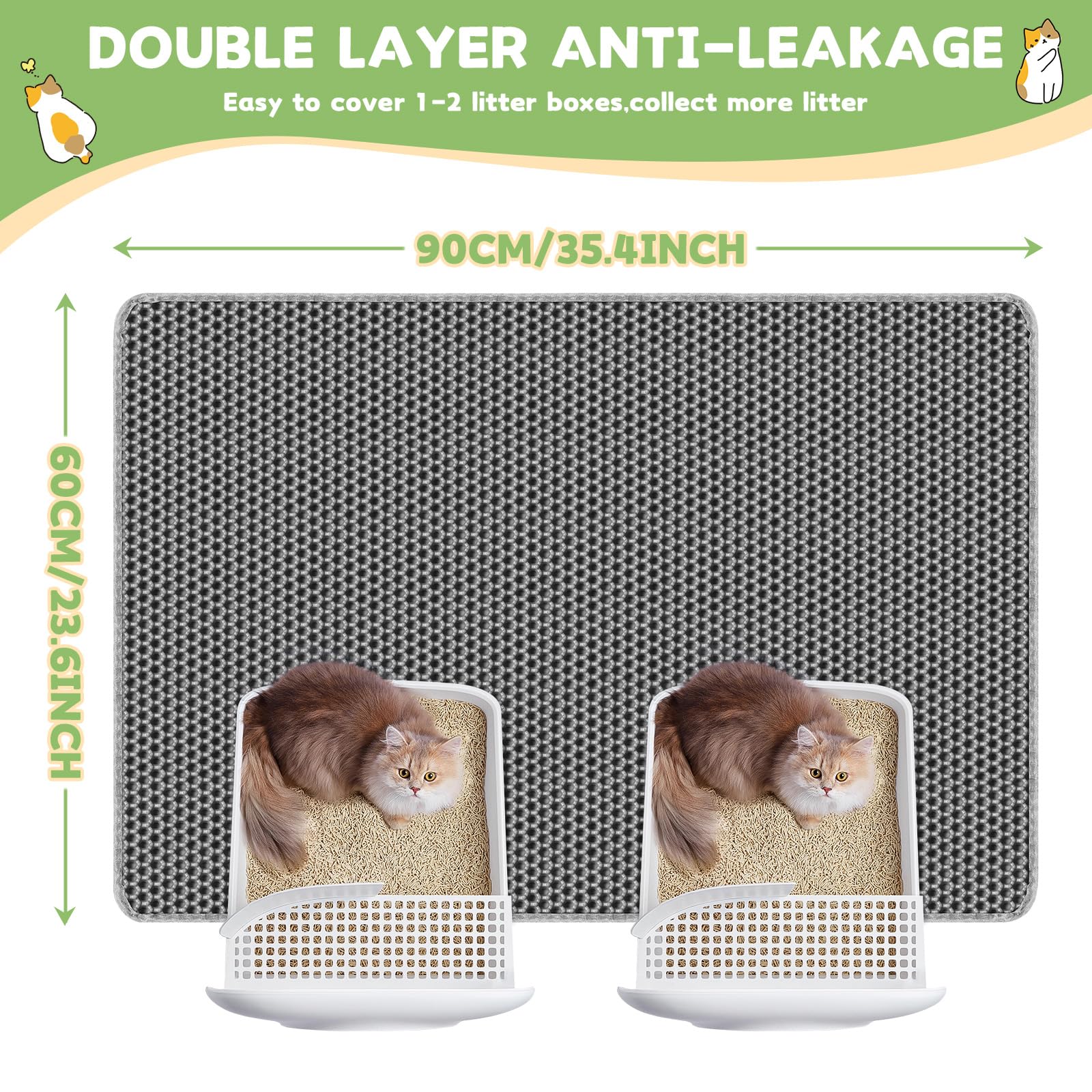 Alfombra Arenero Gato, 90x60cm Alfombrilla Arenero Gato, Alfombra Gatos Arenero Impermeable, Diseño de Doble Capa en Forma de Panal, Cat Litter Mat, Alfombra de Basura, Gris