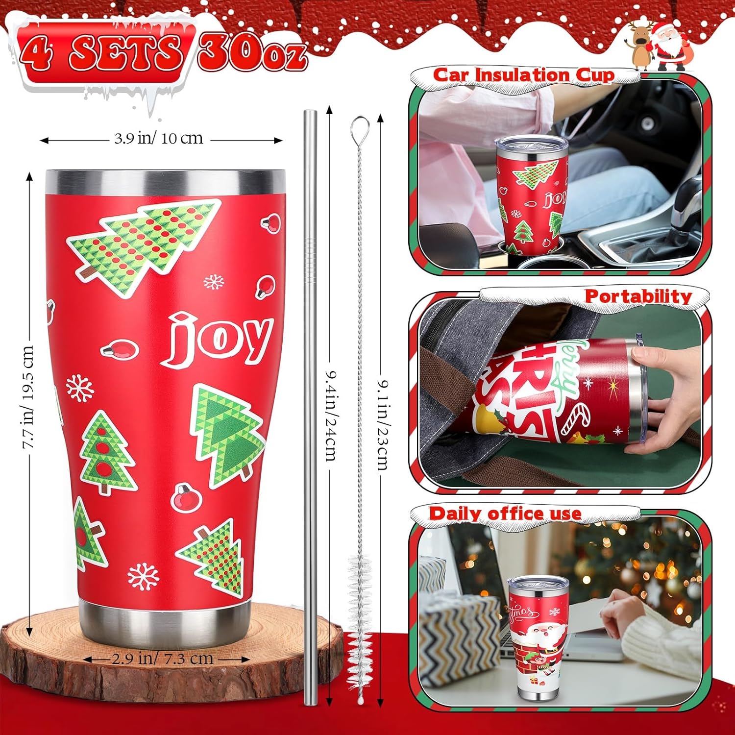 Mifoci 4 Pcs 30 oz Christmas Tumbler with Lid and Straw Stainless Steel Christmas Mug Double Insulated Cup Insulated Coffee Tumbler with Straw Brush for Holiday Coworkers Women Gifts(Style 1) - Image 2