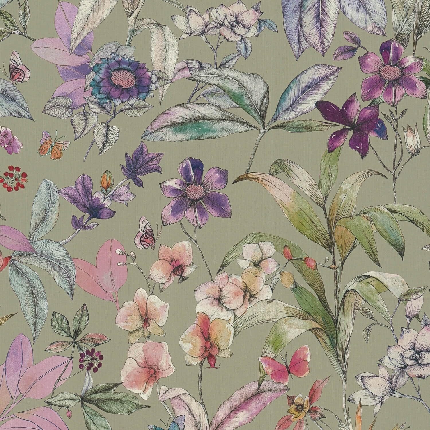Papel pintado de flores de fácil colocación Profhome verde oliva sin burbujas