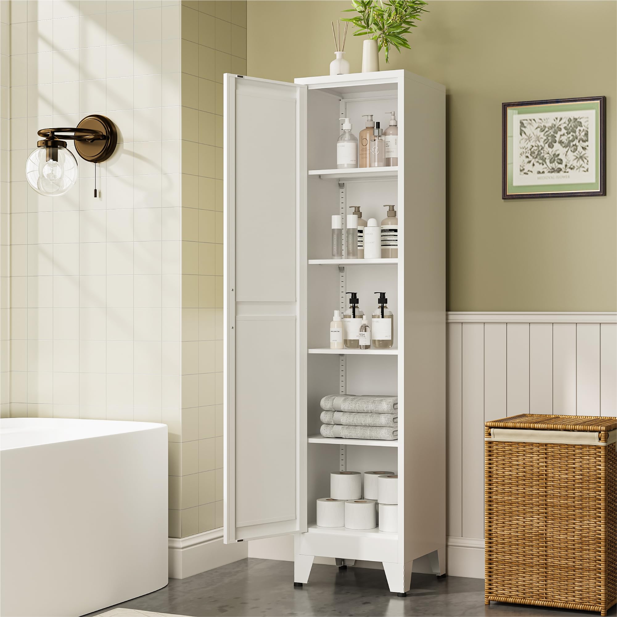 COFaR 67" Tall Metal Pantry Cabinet, White Storage Cabinet with Magnetic Door &amp; 4 Adjustable Shelves, Slim Freestanding Cupboard for Kitchen, Bathroom, Living Room