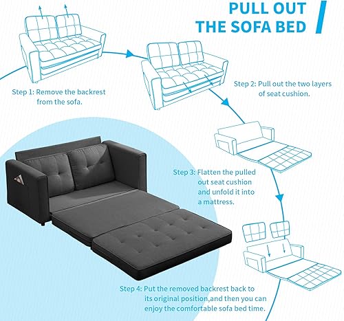 Miniatura 8 de Mjkone Sofá cama convertible 3 en 1 con bolsillos laterales, sofá biplaza, sofá cama extraíble con cuero, sofá de juegos de suelo para sala de