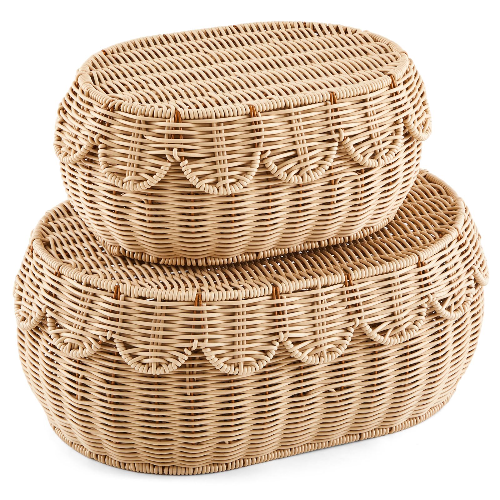 Juexica 2 Pcs Scalloped Rattan Baskets, Woven Rattan Wicker Storage Baskets with Lid for Nursery Storage diaper organizer Bathroom Decor(Natural)