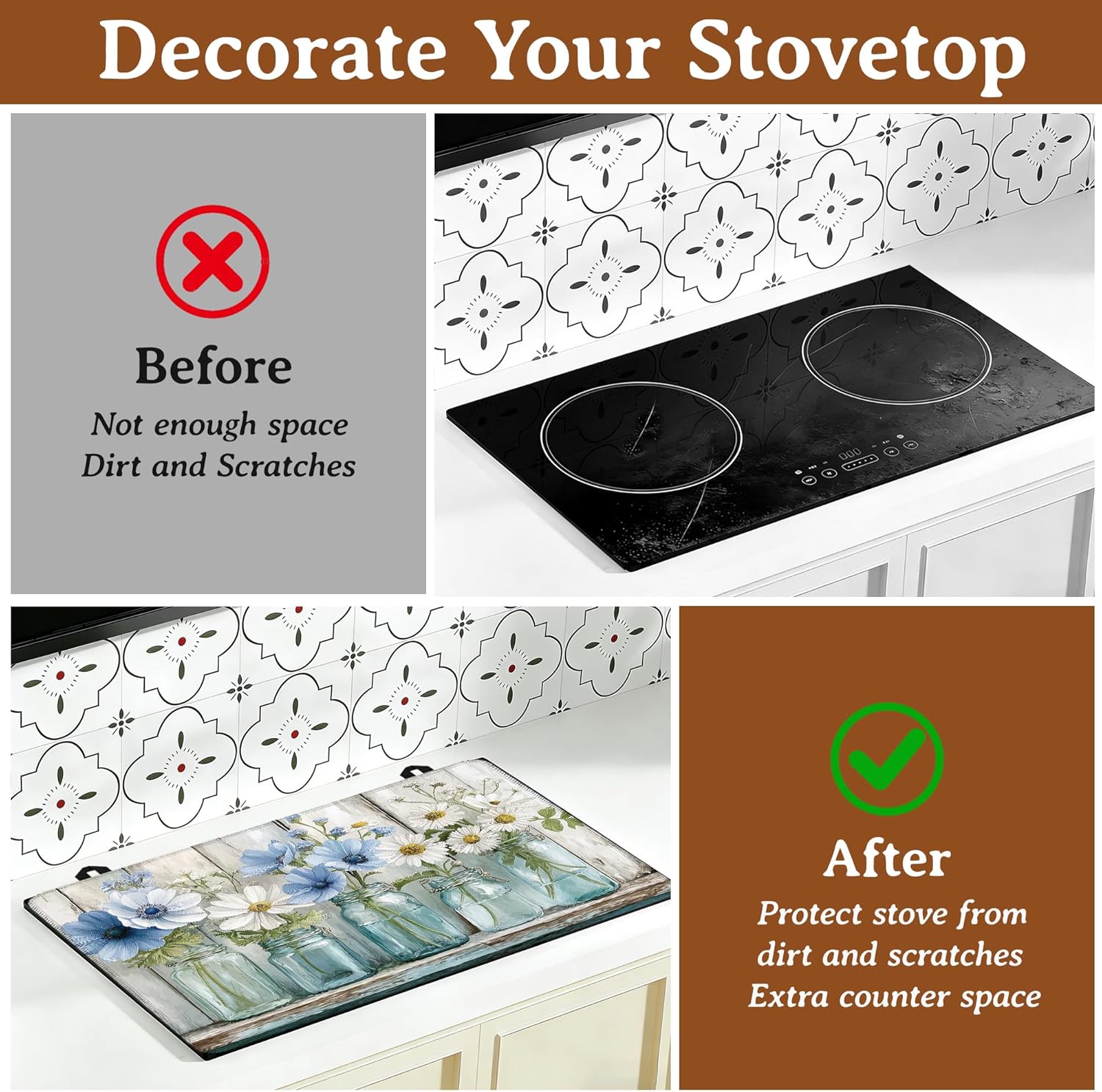 Stove Top Covers for Electric Stove,Daisy Flower Bottles Heat Resistant Glass Cooktop Cover Protector for Kitchen Flat Electric Stove Top Covers 28.5×20.5in