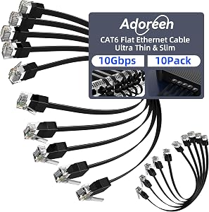 Adoreen Cat 6 Flat Ethernet Cable 1 Ft/10 Pack, High-Speed Internet Network Cable with Low Profile&Compact RJ45 Connector, Thin Slim Flexible Short Patch Cord, 10Gbps, POE for Cat6 Cat 5e 5, Black