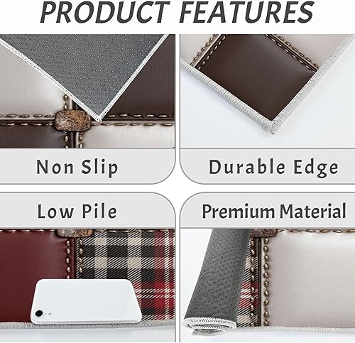 Miniatura 5 de 2Pcs 3D Leather Patchwork Kitchen Mats for Floor Reddish Brown Retro Plaid Printed Non-Slip Washable Rugs Set Runner for Holiday Decor Entrance