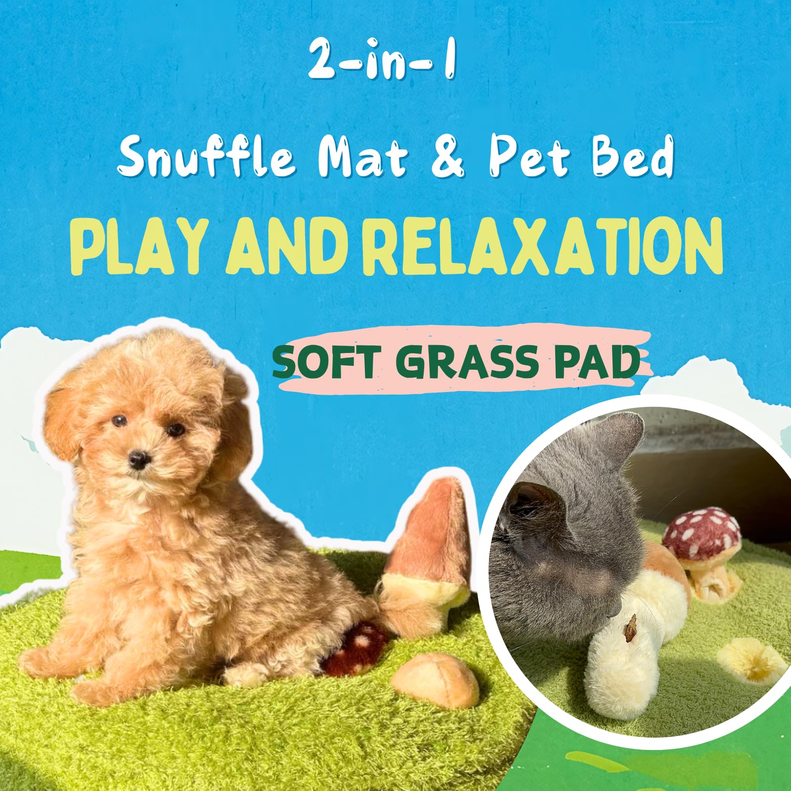 CECE PAW Alfombra de hongos para mascotas y cama | Tapete para olfatear perros con 3 setas arrugadas para ocultar golosinas | Cojín suave para gatos, perros pequeños y dueños | Juego interactivo