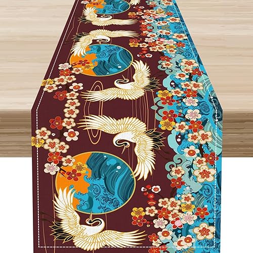 Miniatura 43 de Camino de mesa japonés, retro, tradicional, vintage, grúa, nubes, asiático, oriental, ondas, plantas, naturaleza, camino de mesa para el hogar,