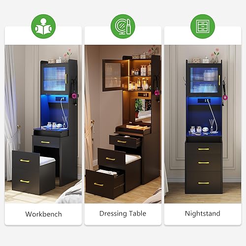 Miniatura 3 de WOOVIVS Escritorio de tocador con espejo abatible y luz, mesa de tocador de maquillaje con estación de carga, juego de tocador pequeño negro con