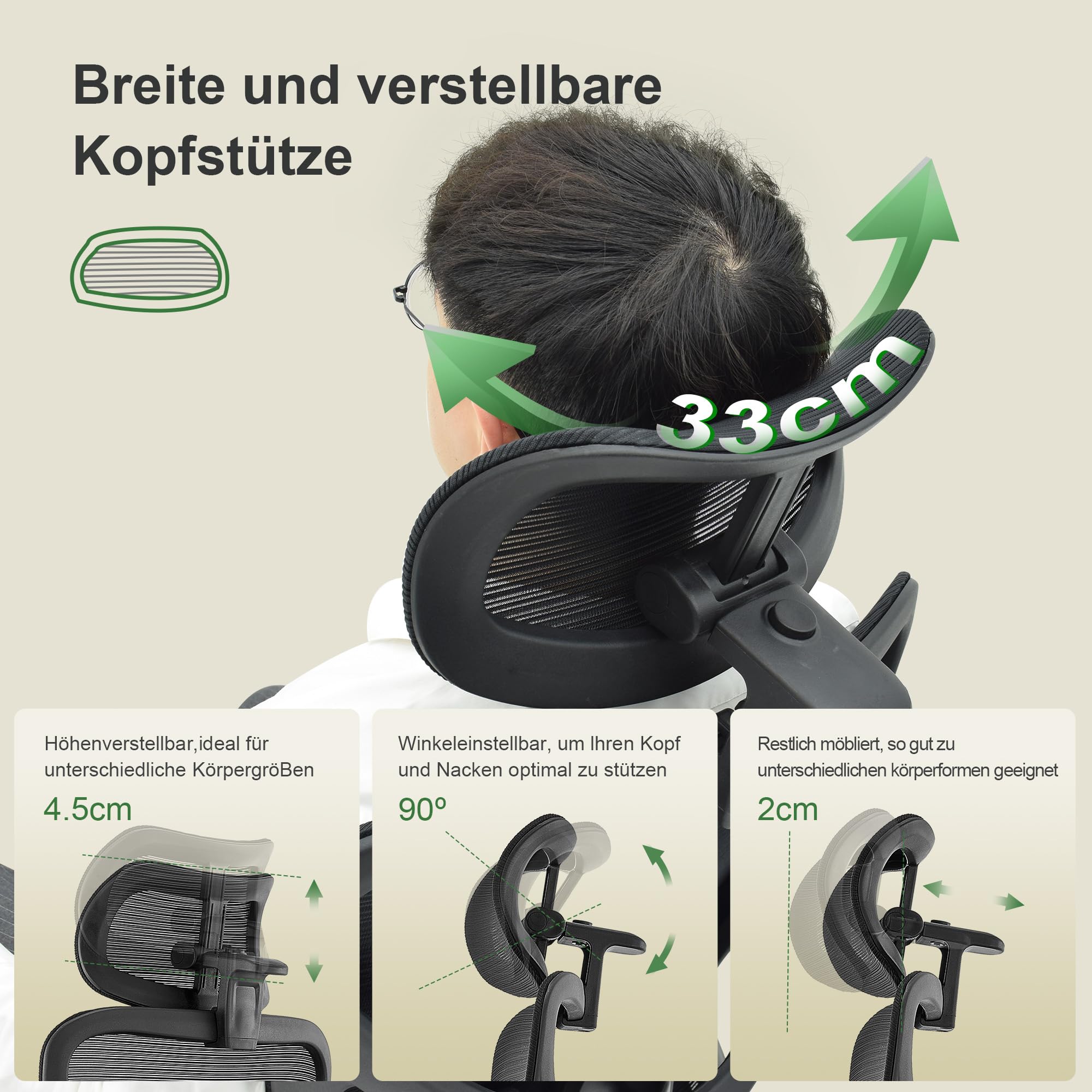 CALIYO G-1635H Bürostuhl Ergonomisch, Schreibtischstuhl mit Verstellbarer Kopfstütze, Armlehnen, Lendenstütze und Wippfunktion – Atmungsaktiver Mesh-Drehstuhl, Gamingstuhl, Bürostuhl 150 kg, Schwarz