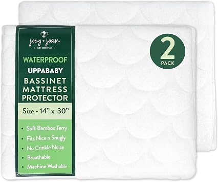 Joey + Joan Waterproof Bassinet Mattress Pad Cover Compatible with UPPABABY Stroller Bassinet 2 Pack Quilted Mattress Protector Made from Ultra Soft Bamboo Viscose Terry 14" x 30"