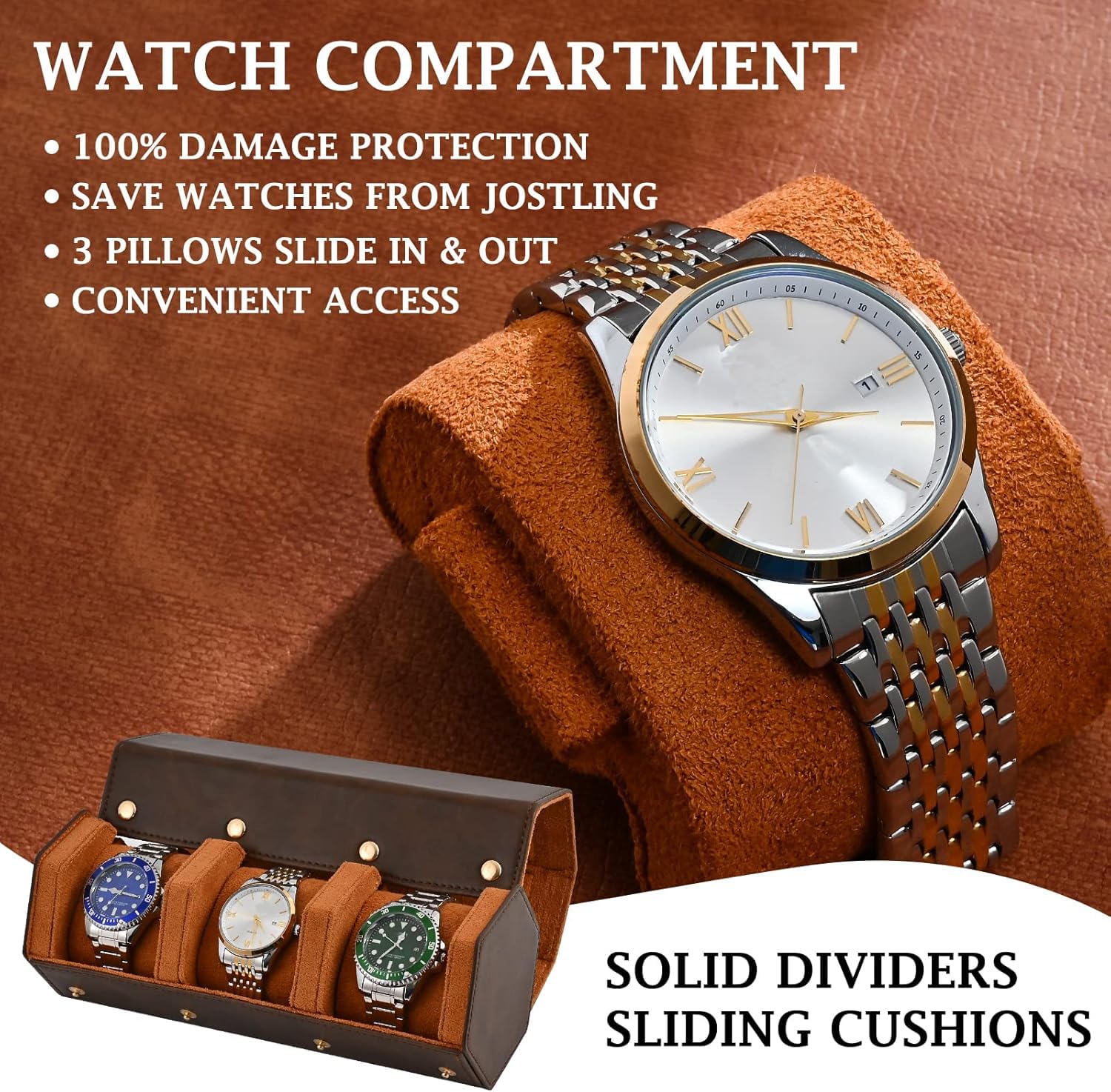 ROSELLE Custodia per orologi da viaggio per uomini e donne, custodia per orologi per 3 orologi | Pelle di lusso|Progettato per cinturini di orologi in acciaio e pelle metallo gomma e braccialetti Storage & Display