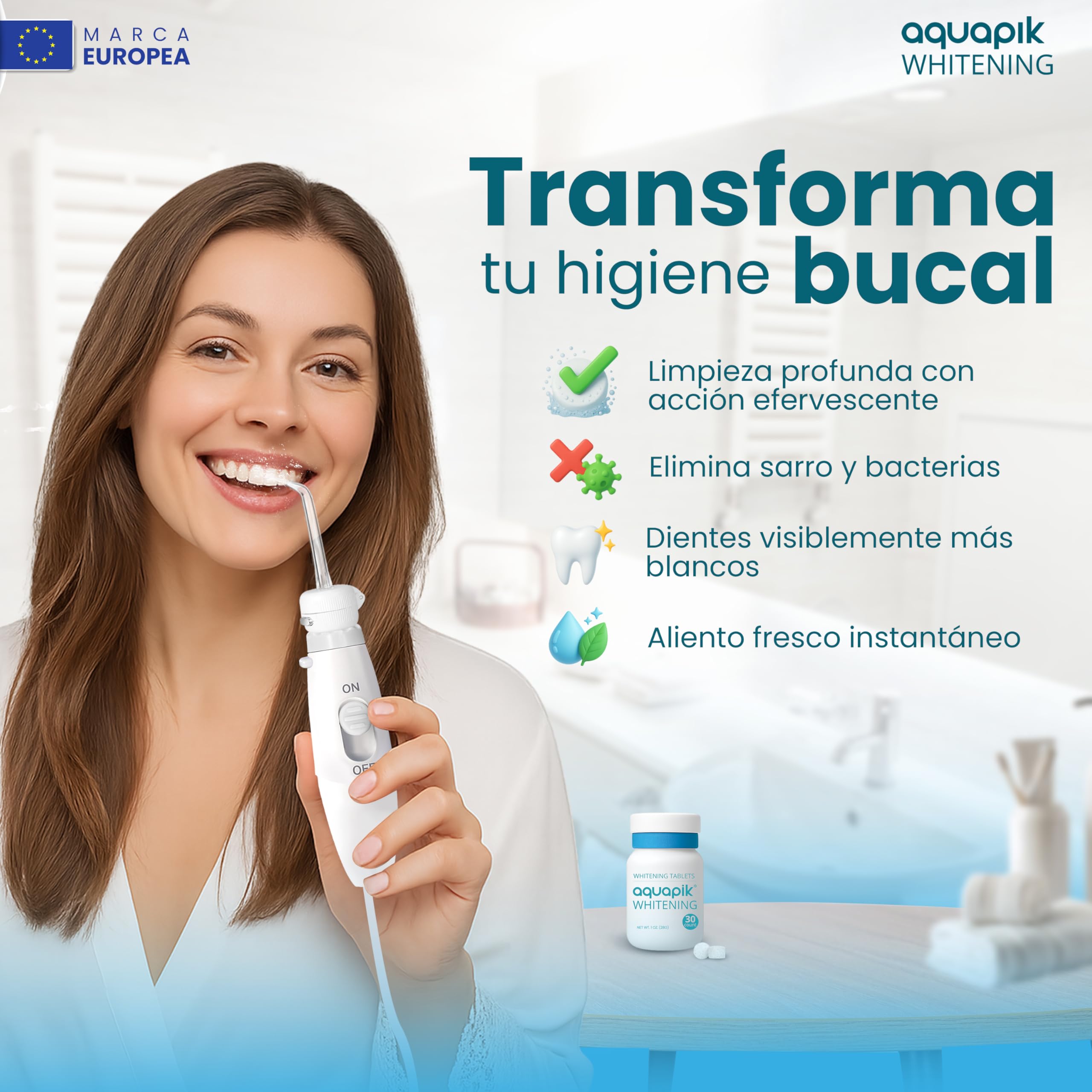 Kit Sbiancante Aquapik® WHITENING | 30 Compresse Sbiancanti + Beccuccio per Idropulsore Dentale | Compatibile con Aquapik 100, Advanced e Pro | Denti Più Bianchi | Alito Fresco