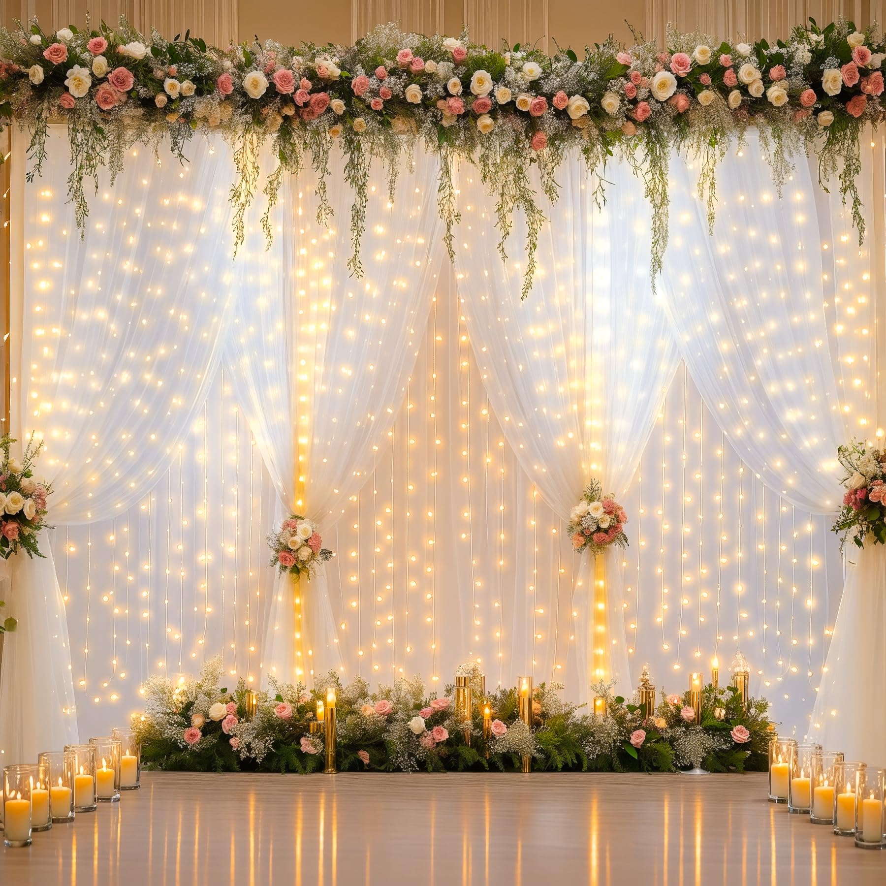 12,2 x 3 m weißer Tüll-Hintergrundvorhang mit Lichterschnur für Hochzeit, Brautparty, Dekorationen – faltenfreie, durchsichtige Vorhänge für Party, Babyparty, Fotohintergrund
