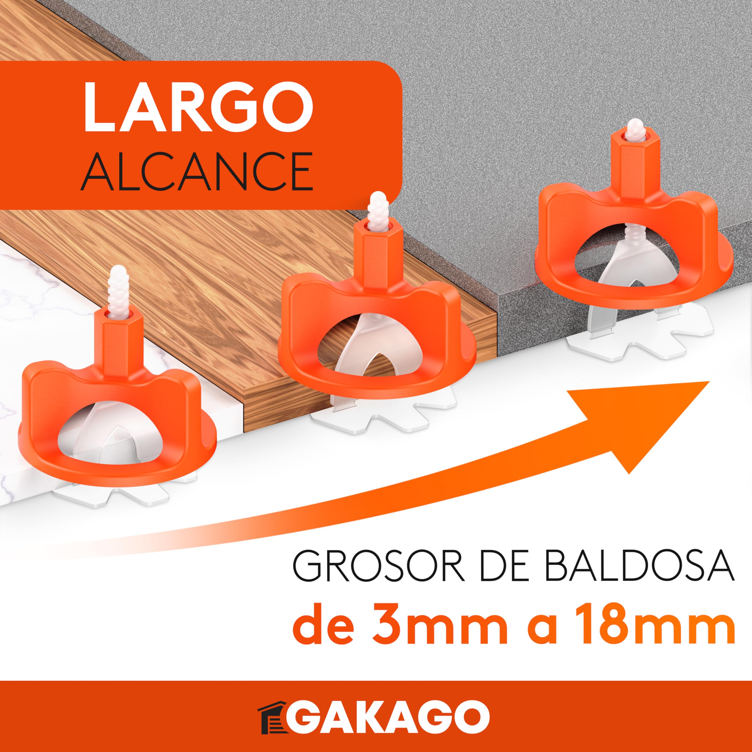 Gakago Sistema de nivelación de baldosas 200 tacos roscados de 2 mm - Ayuda a la colocación para un patrón de juntas perfecto - Gama superior para grosores de baldosa de 3-18 mm