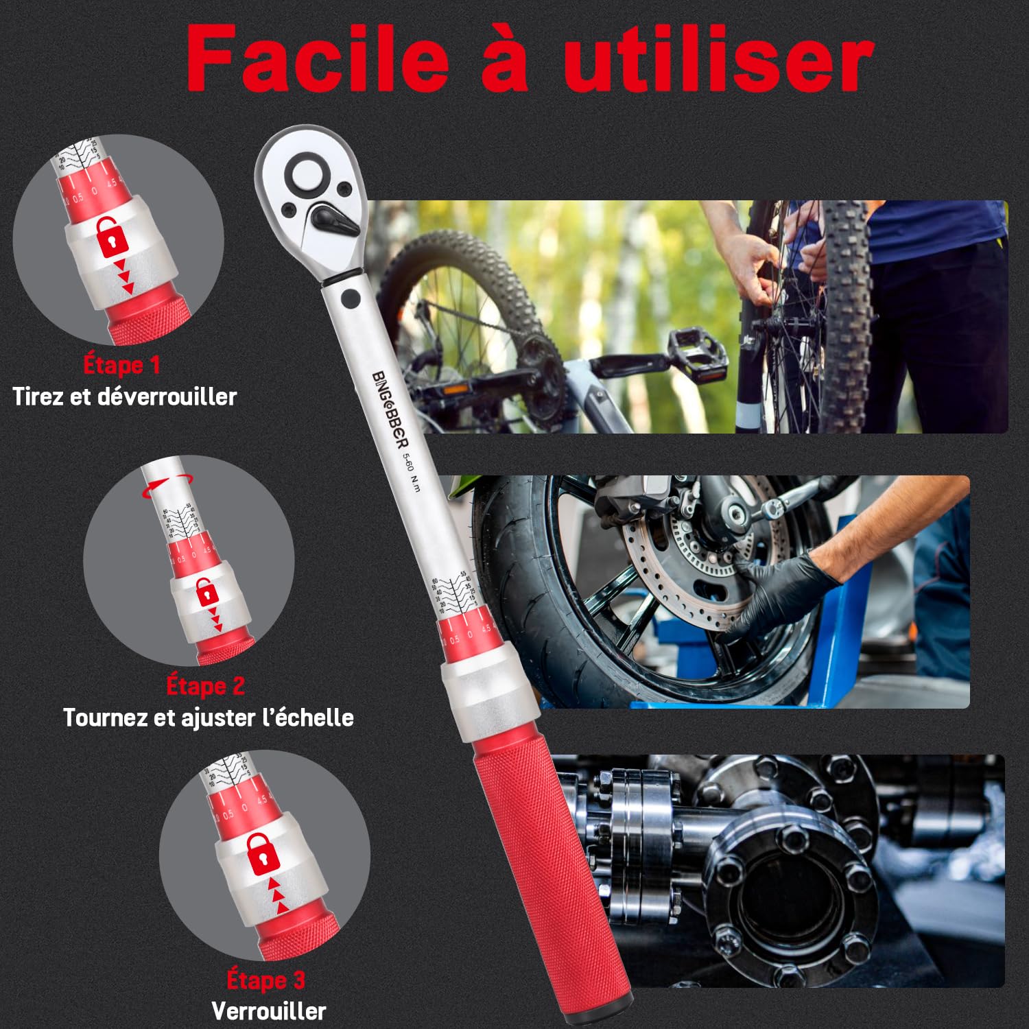 Jeu de clés dynamométriques 3/8" 5-60 Nm 28PCS Outil de précision