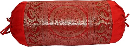 DK Homewares Fundas de almohada de seda de brocado de jacquard indio para cama, cilíndrico hotdog rojo, masand de yoga, decoración del hogar, sala