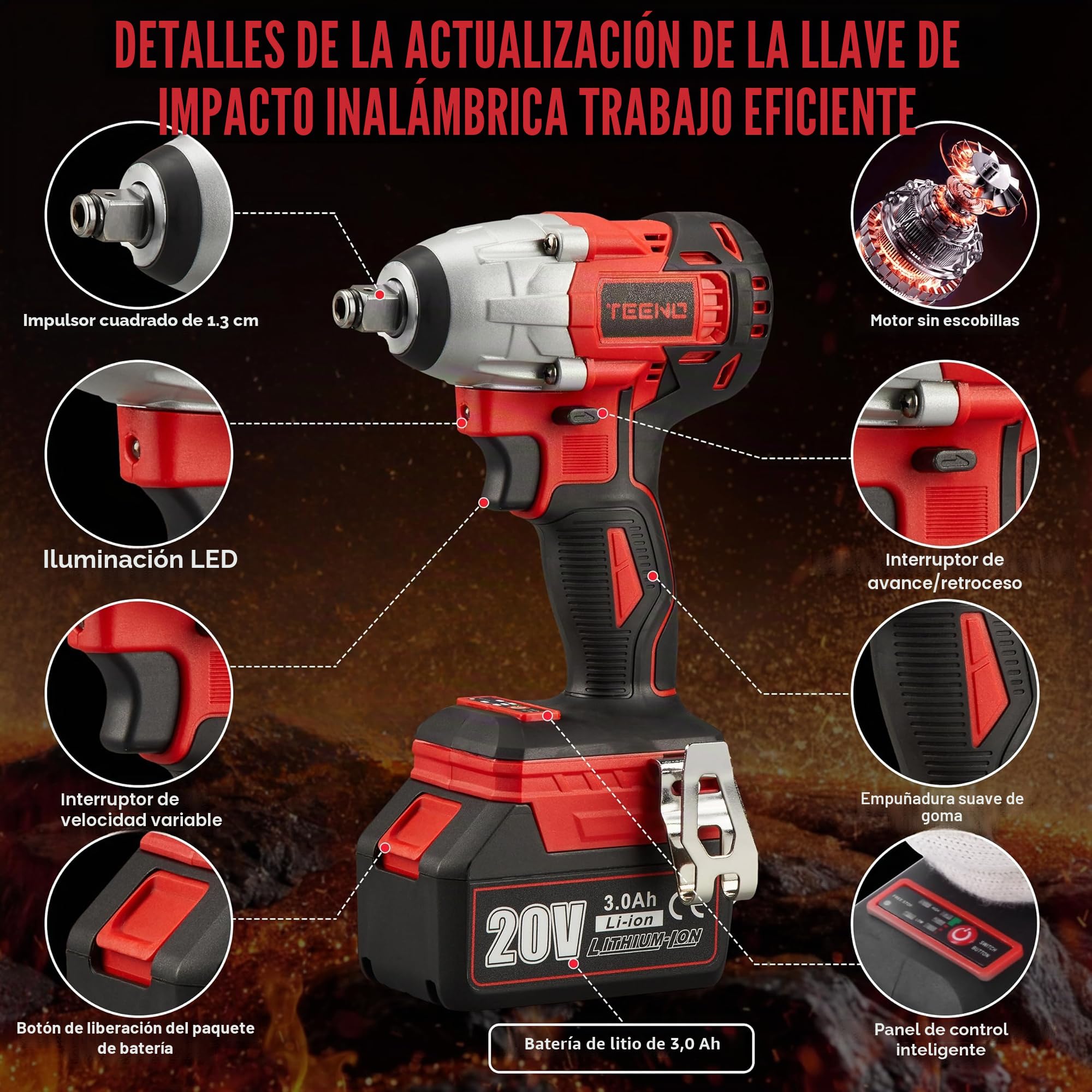 TEENO - Llave de impacto, atornillador de impacto inalámbrica, sin escobillas, 320 Nm, con batería de 3,0 Ah,andamio,pernos de ruedas,caja de 25 accesorios 2 Baterías