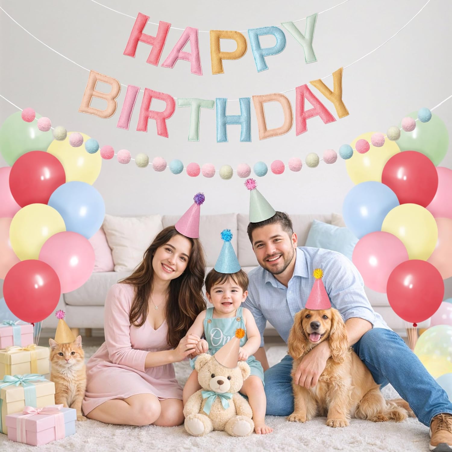 Kriyokiaa Pre-Strung Felt Happy Birthday Banner Retro Pastel Happy Birthday Party Decorations with Party Hats for Stuffed Animals, Pom Pom Garland and Latex Balloons for Women Girls Party Decor