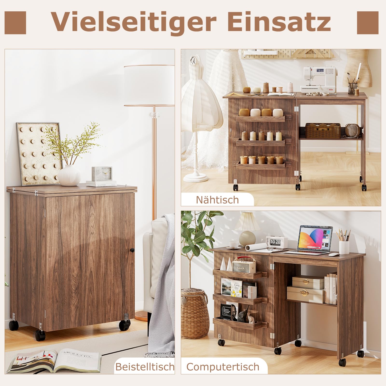GIANTEX Nähtisch klappbar, Nähmaschinentisch auf Rollen, Nähtisch für Nähmaschine, Nähschrank Holz, Mehrzwecktisch für Wohnzimmer Arbeitszimmer Schlafzimmer (braun)