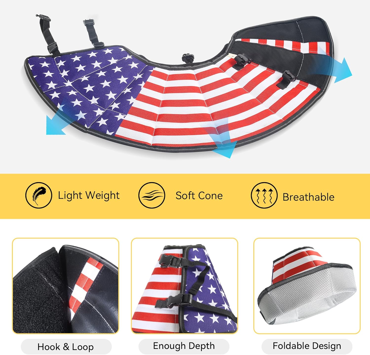 TDTOK Soft Dog Cone for Large Dogs After Surgery, Flag Pattern Recovery Collar for Pet with Double-Layer Design, Adjustable Breathable Elizabethan Collar Cone Prevents Licking Wounds