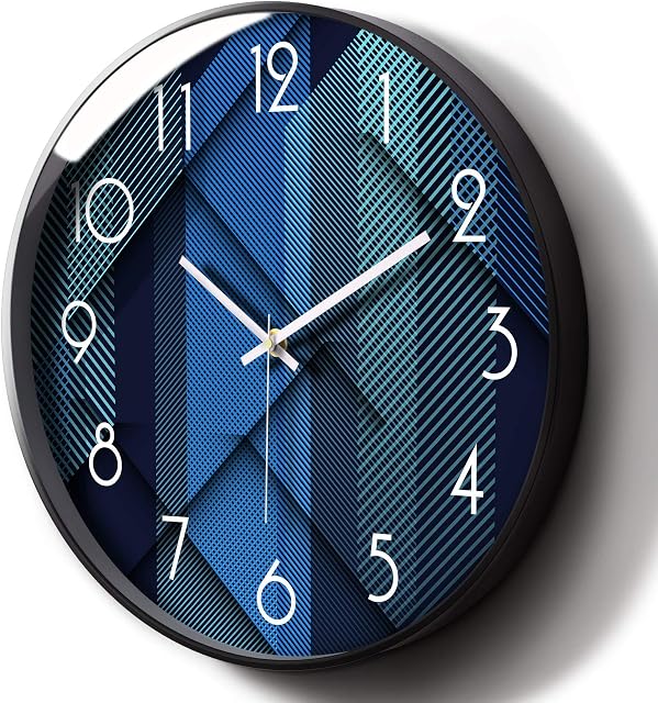 Modern Silent Wall Clock Blue Geometric Analog Battery Operated Non-Ticking Metal Clocks for Home Decoration Living Room Bedroom Kitchen Office Large Round Cool Quiet Metal Clocks 12 Inch