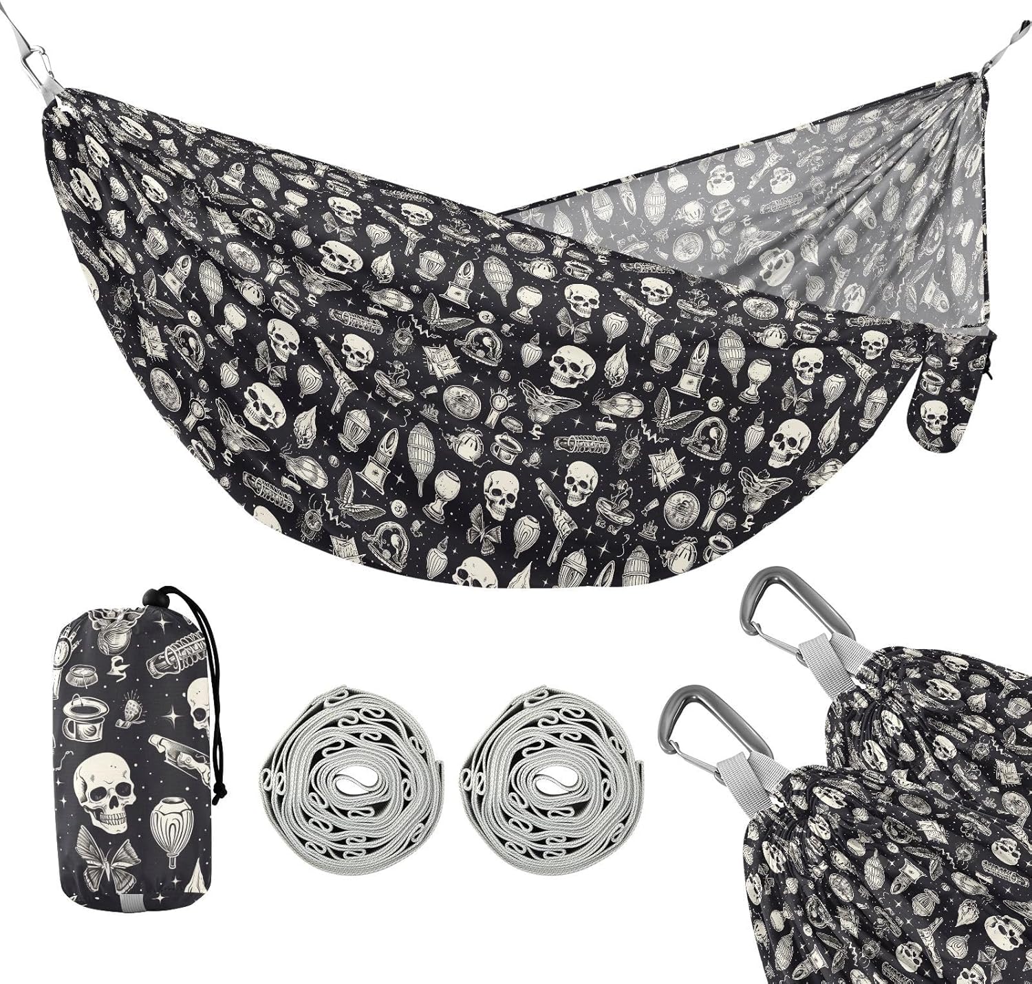 ALAZA Skull Witchy Camping Hammocks Single or 2 Person 500 lbs Portable Parachute Travel Hammock w/Tree Straps for Hiking Backpacking Indoor Outdoor