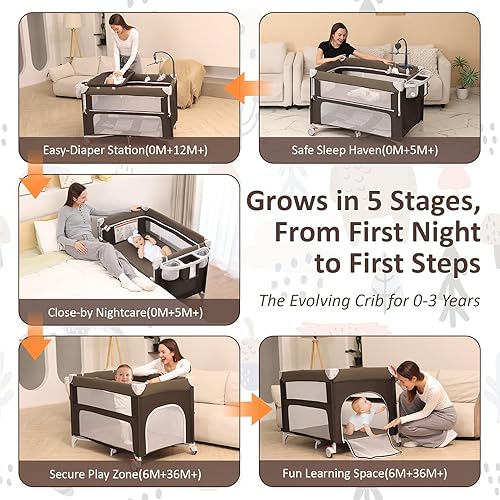 Miniatura 2 de Cuna plegable para bebé, paquete 5 en 1, cama de noche con corral, incluye colchón, cambiador, mosquitero, móvil giratorio y almacenamiento para