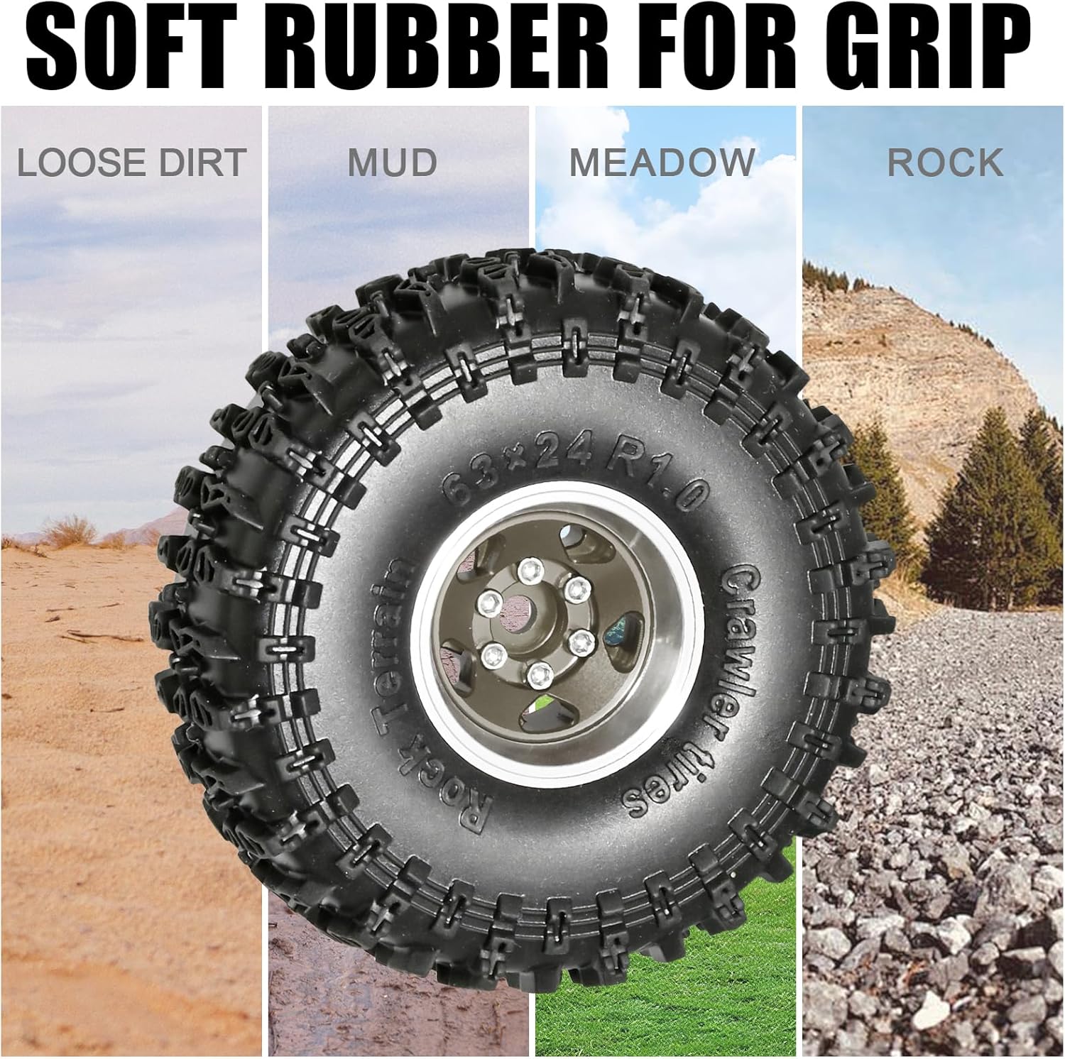 1.0 Beadlock Wheel Soft Tire Set RC Upgrade Part for Traxxas 1/18 TRX4M 1/24 RC Crawlers car Axial SCX24 FMS FCX24 Gladiator Bronco C10 JLU Deadbolt B17 Upgrade.(4Pcs/Set)