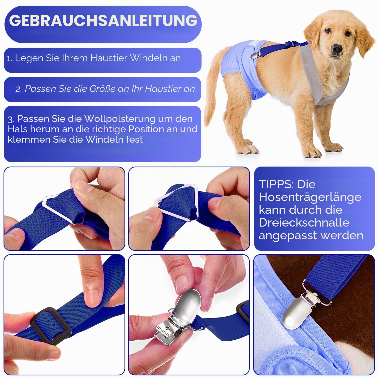 Saintrygo Hunde-Hosenträger für Windeln, für Hündinnen und Rüden, Hundegeschirr, hält Windel an deinem Haustier, für kleine, mittelgroße und große Hunde, 2 Stück, schwarz und blau, Größe M