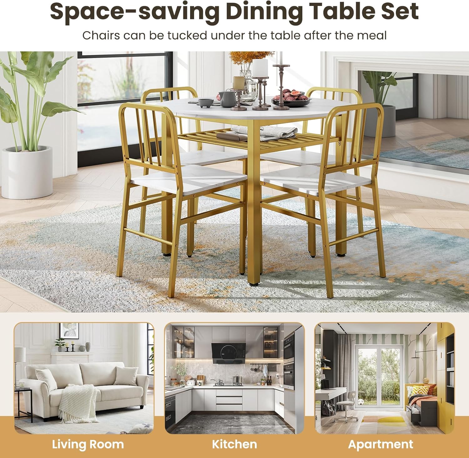 Giantex 5-Piece Dining Table Set, 40" Round Kitchen Table & Chairs with Storage Rack & Metal Frame, Space-Saving Dinette Furniture for Small Space, Dining Room, Breakfast Nook, Apartment, White-Gold