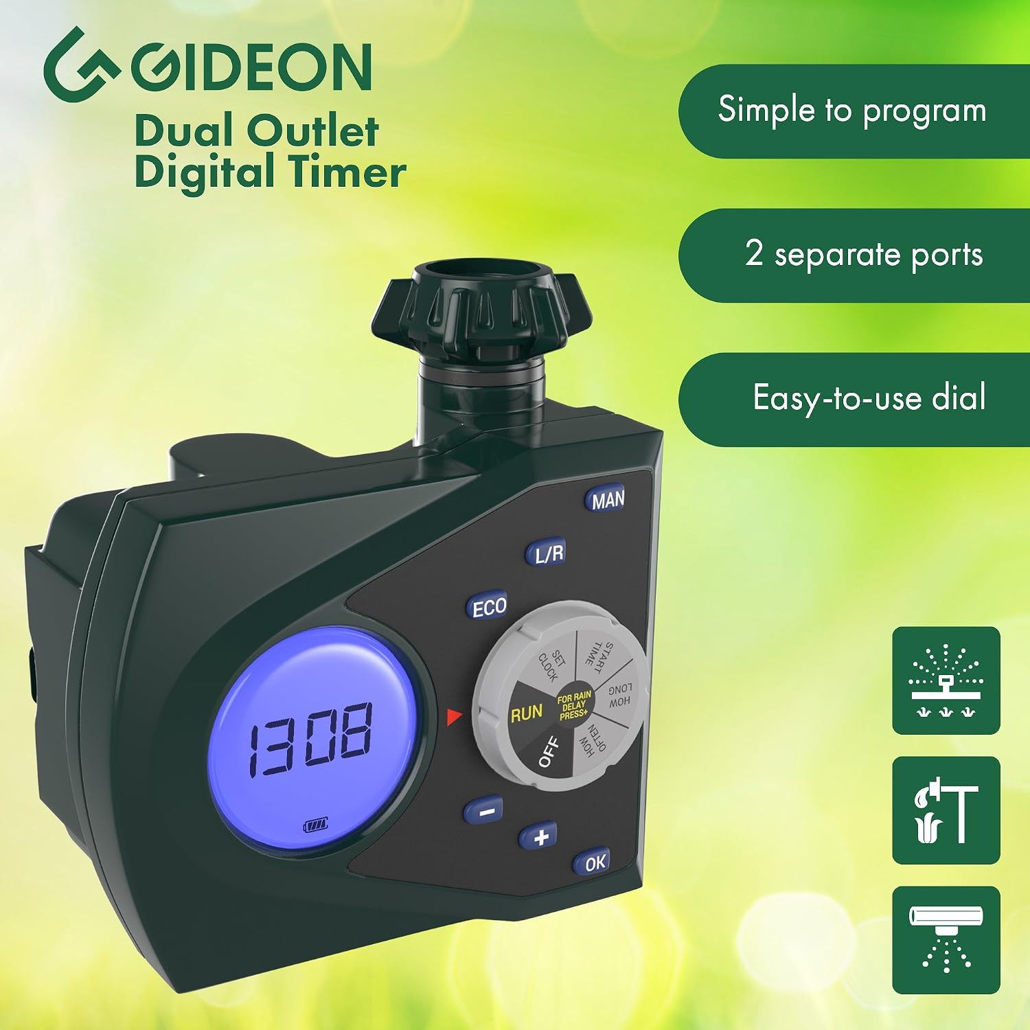 Gideon Dual-Valve Hose Water Timer Sprinkler Timer Irrigation Controller System – Battery Operated; Easy Hose Connection with Simple to Use Digital System – for Garden, Flowers and Lawn
