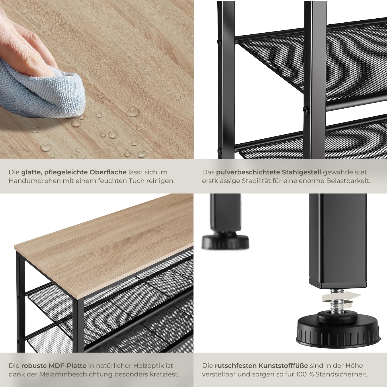 tectake® Schuhregal schmal mit Ablagefläche, Schuhbank 5 Ebenen, 4 Gitterablagen, Schuhregal platzsparend 100 x 30,5 x 93 cm, Flur Regal, Schuhschrank, Garderobe (Industrial Holz hell, Eiche Sonoma)