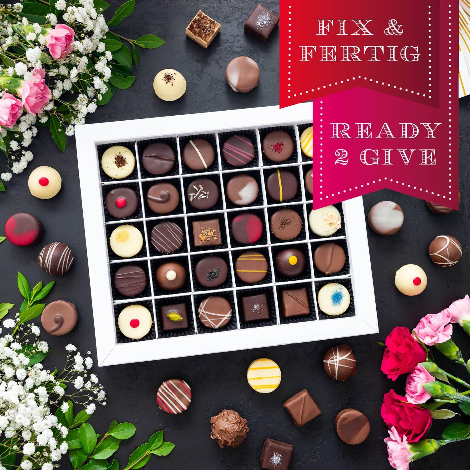 Hallingers Genuss Manufaktur Pralinen Geschenk - ohne Alkohol, handmade aus Confiserie-Edelkakao in wertiger XXL-Geschenkbox "Glitzerweiß", Geschenkidee für Frauen Männer