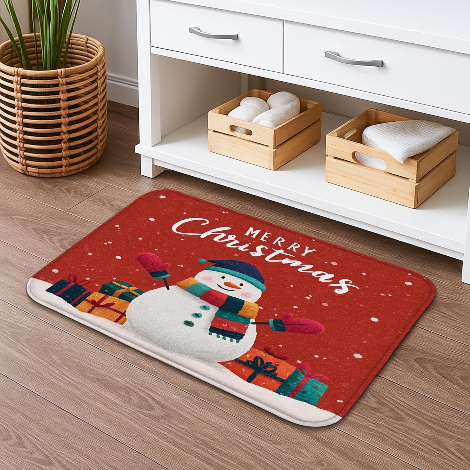 Christmas Bathroom Mat Sets 3 Piece, Festive Snow Man Holiday Absorbent Non Slip Toilet Rugs U Shaped Washable, Winter Decor Quick Dry Flannel Bathroom Rug Set