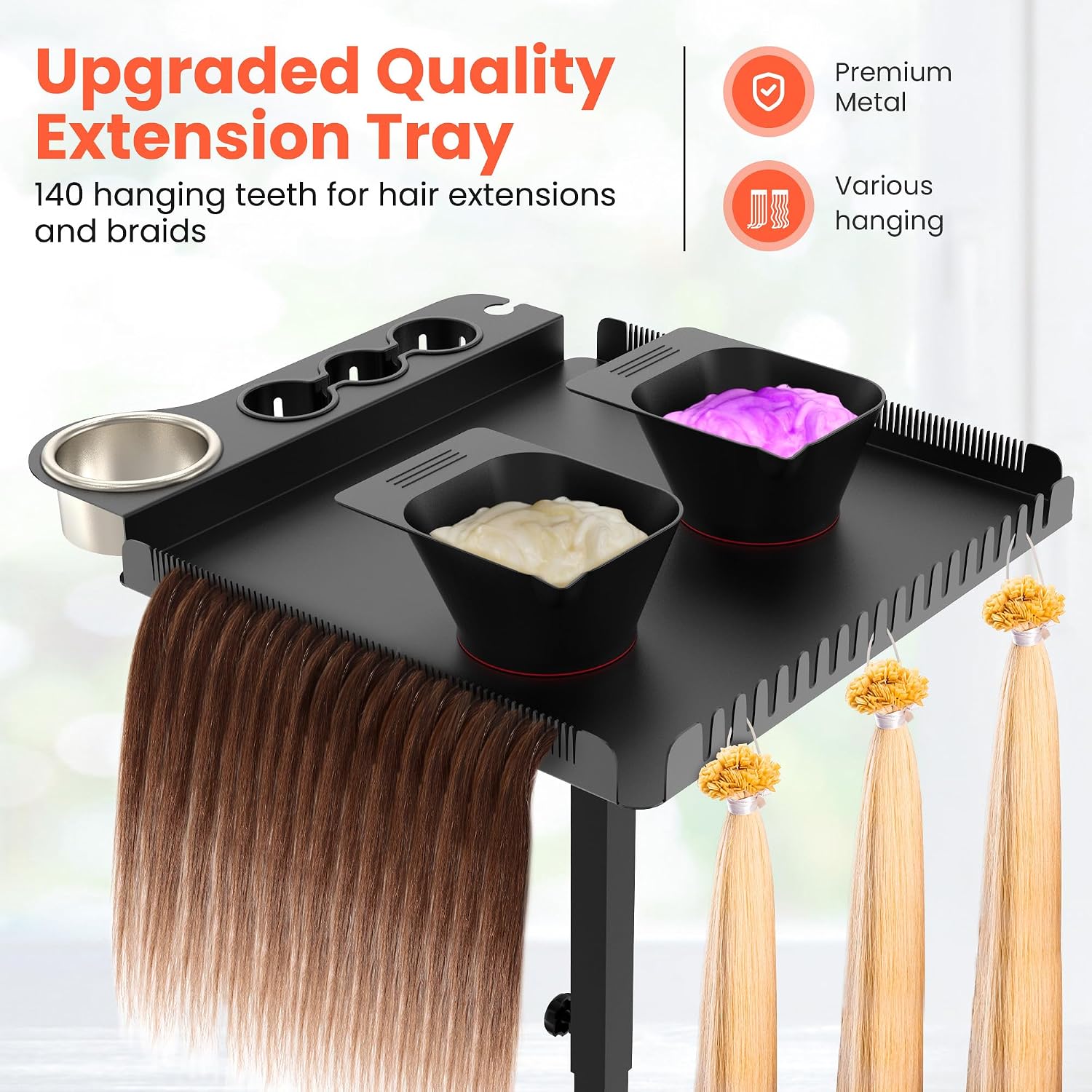 Tasalon Salon Chair Mounted Hair Tray, Metal Hair Extension Holder for Styling, Includes 2 Magnetic Hair Dye Bowls, Professional Hair Color Tray for Hairstylist Station