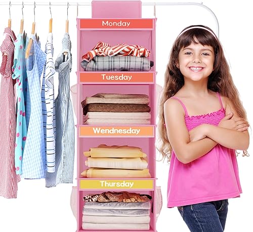 Miniatura 6 de Fixwal Organizador semanal de ropa de 6 estantes para niños, estante diario para niños, organizador de armario colgante con 6 bolsillos laterales,