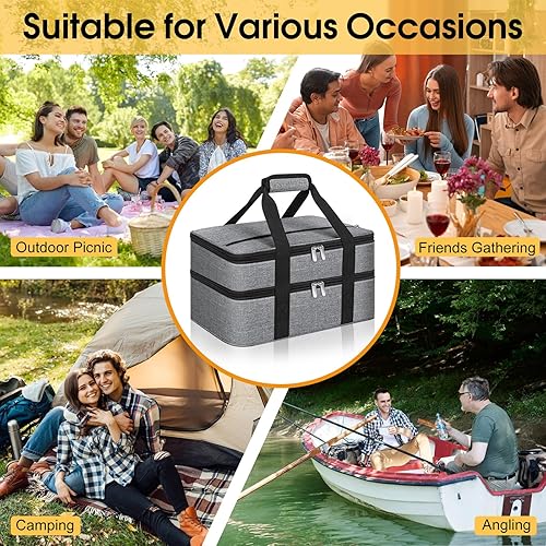 Miniatura 5 de Porta cacerolas doble aislado, porta cacerolas portátil para alimentos calientes o fríos, bolsa para calentar o enfriar el almuerzo o bolsa de