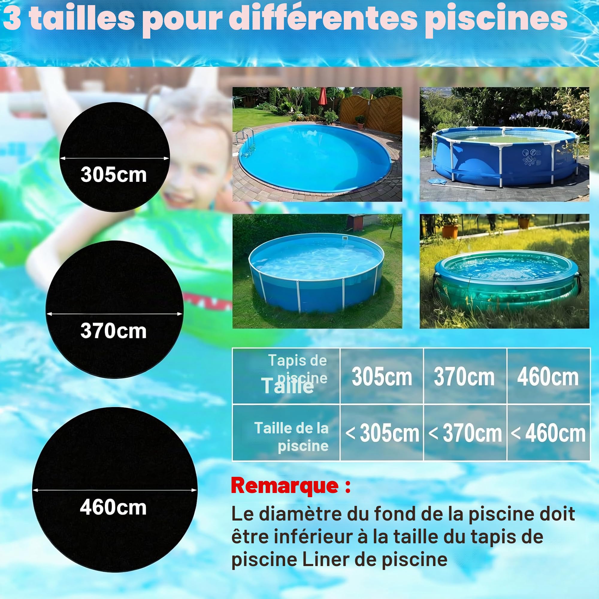 Tapis de Piscine Rond 460 – Bâche de Sol et Tapis de Piscine – Sol de Protection – Tapis Antidérapant et Résistant à l'usure pour Piscine, Multifonctionnel pour Piscines Extérieures (460 cm)