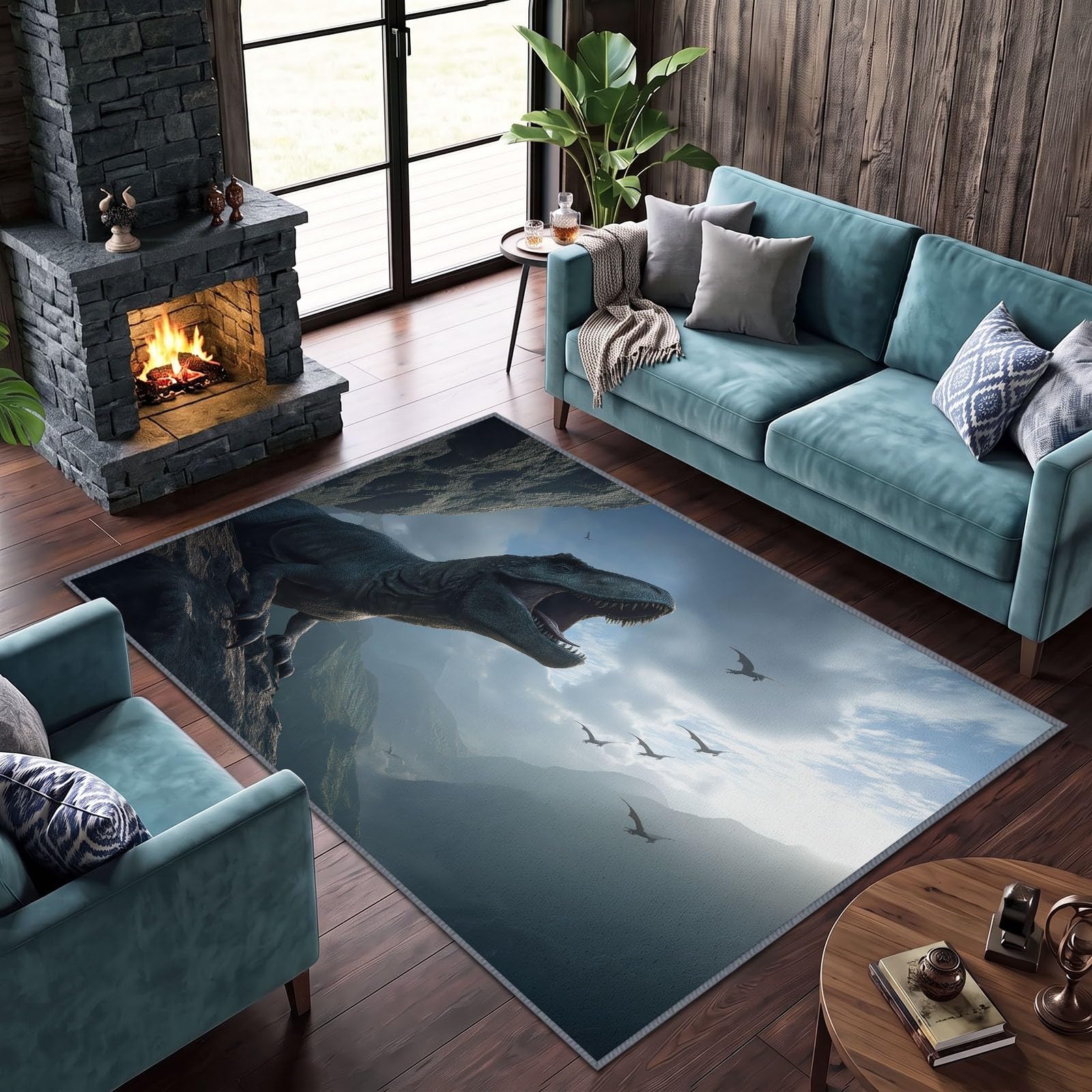 Tappeto per soggiorno con film 160 x 230 cm, animale T Rex lavabile in lavatrice, tappeto antiscivolo, design moderno, tappeto a pelo basso stampato per sala giochi per bambini e animali domestici