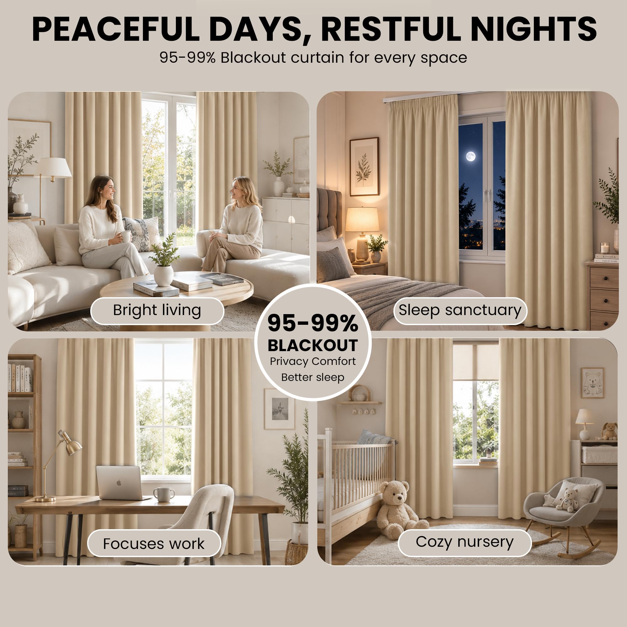 Aspire Homeware Rideau de porte occultant plissé pour salon, chambre à coucher - Isolation thermique - 167,6 x 213,4 cm - Beige