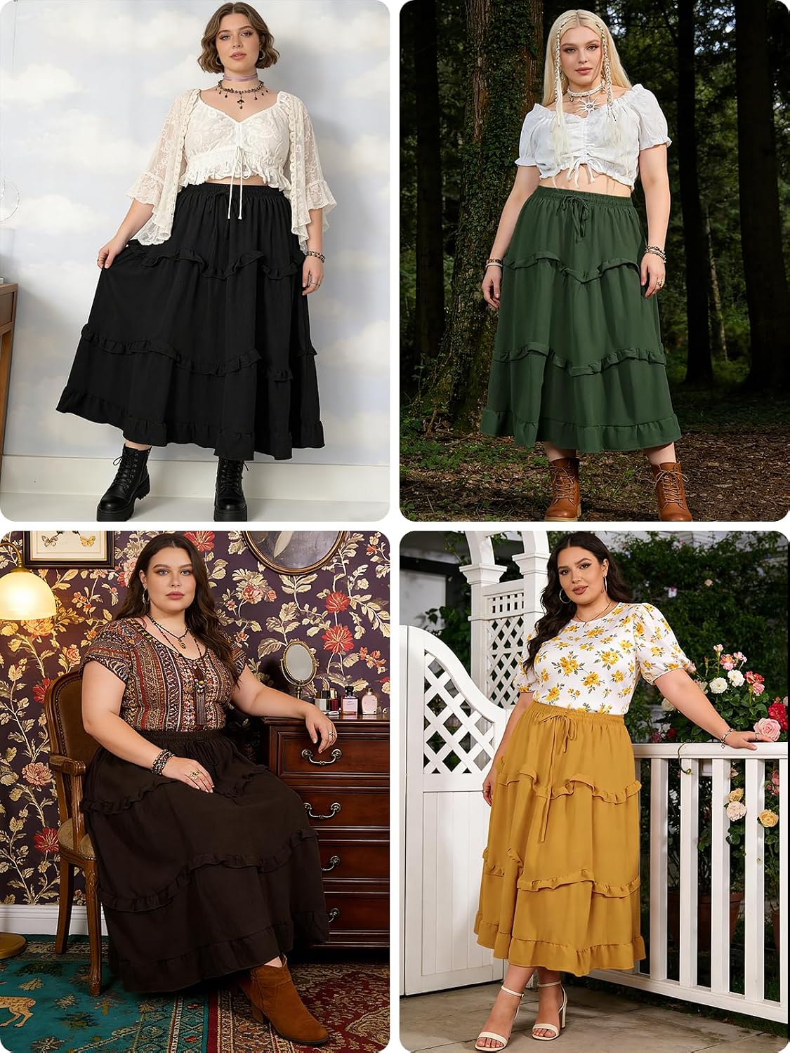 Moon Wood Plus Size Maxi Skirt for Women High Waisted Flowy Boho Tiered Long Skirts for Renaissance 2026 Summer with Pockets