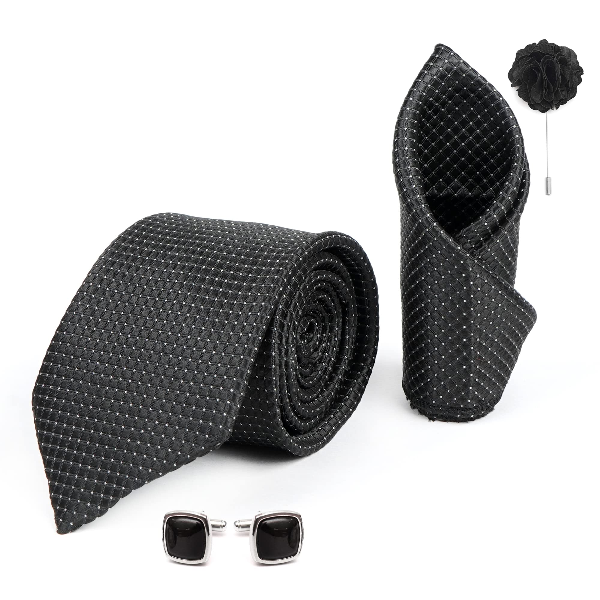 rizoro Mens Plaid Dotted Silk Necktie Gift Set With Pocket Square Cufflinks & Brooch Pin Formal Tie With Leatherite Box (A9RX Free Size) | (Leather Gift Box) (Pack of 4)-picture-41