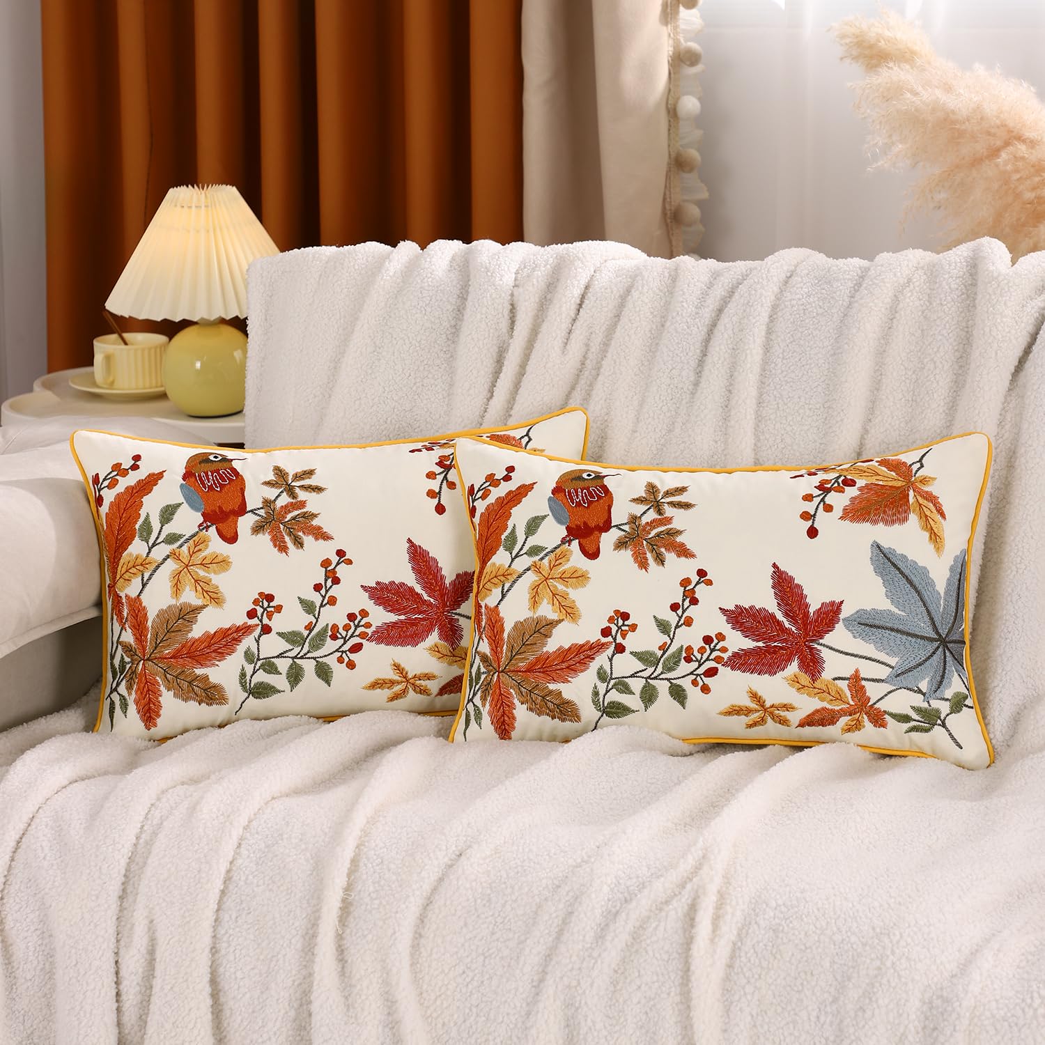 Tosleo, confezione da 2 federe per cuscino ricamate con foglie verdi e piccoli fiori schiacciati, 30 x 50 cm, decorazione per casa, divano, auto, esterni, federe per cuscino floreali quadrate