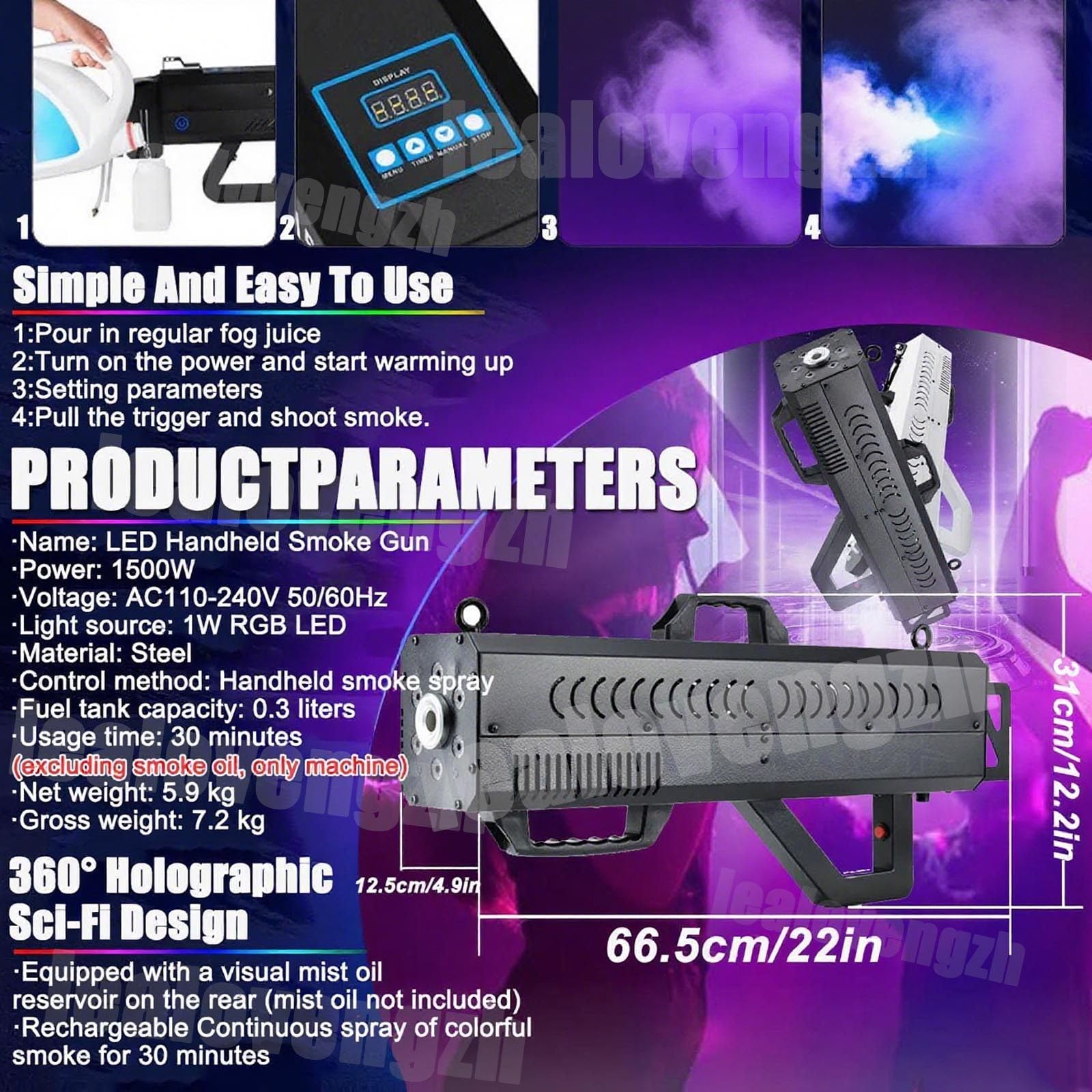 Pistola Fumogena per Feste,Macchina del Fumo da 1500 W con Luci A LED, Attrezzatura per Effetti Scenici per Palcoscenici da Dj, Feste, Matrimoni, Eventi Speciali, Festival Musicali Blue