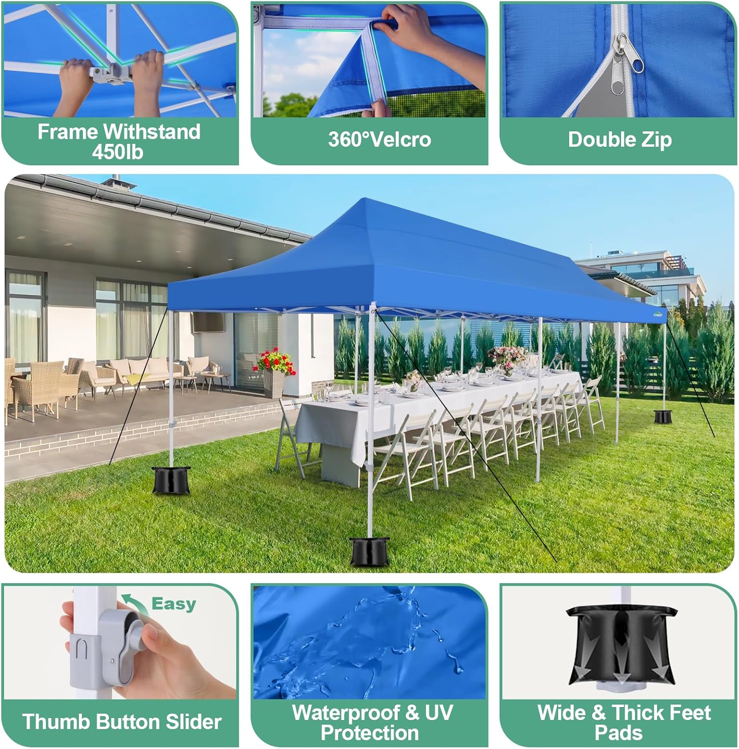 cobizi 10x30 canopy tent, heavy duty pop up canopy with sidewalls, waterproof easy setup tent with mosquito netting, outdoor instant screen tents for parties, wedding with roller bag, blue blue 10x30ft
