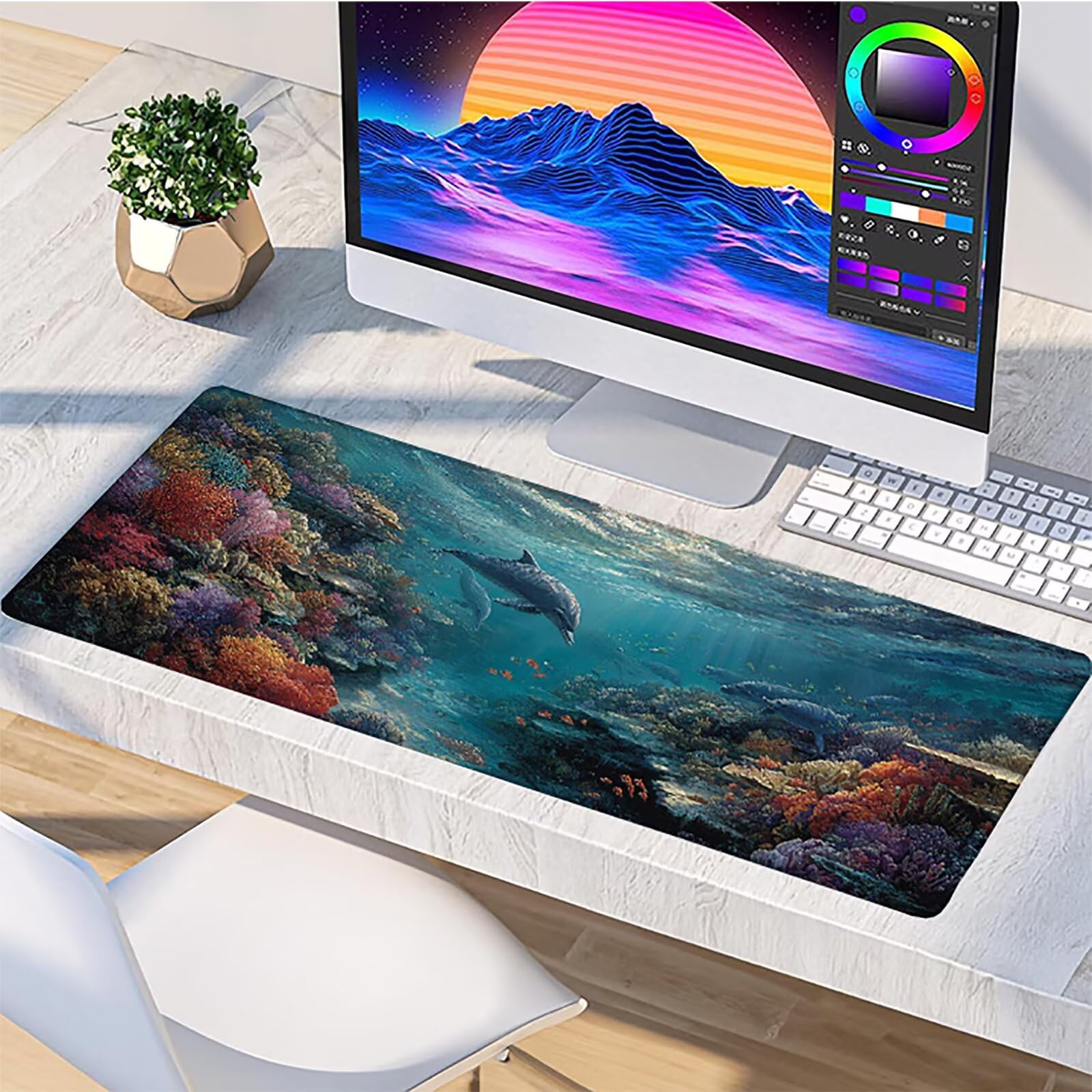Podkładka pod mysz do gier Delfin 1000 x 500 x 3 mm, ocean XXL, podkładka pod mysz do biura, podkładka pod mysz z gumową podstawą, akcesoria biurowe, mysz ze szwami na krawędziach, dla graczy, K-7548